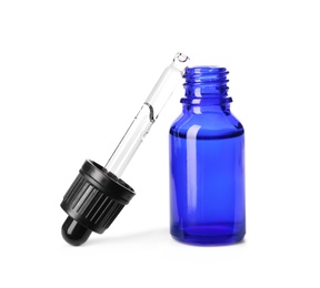 Photo of Cosmetic bottle and pipette with essential oil on white background