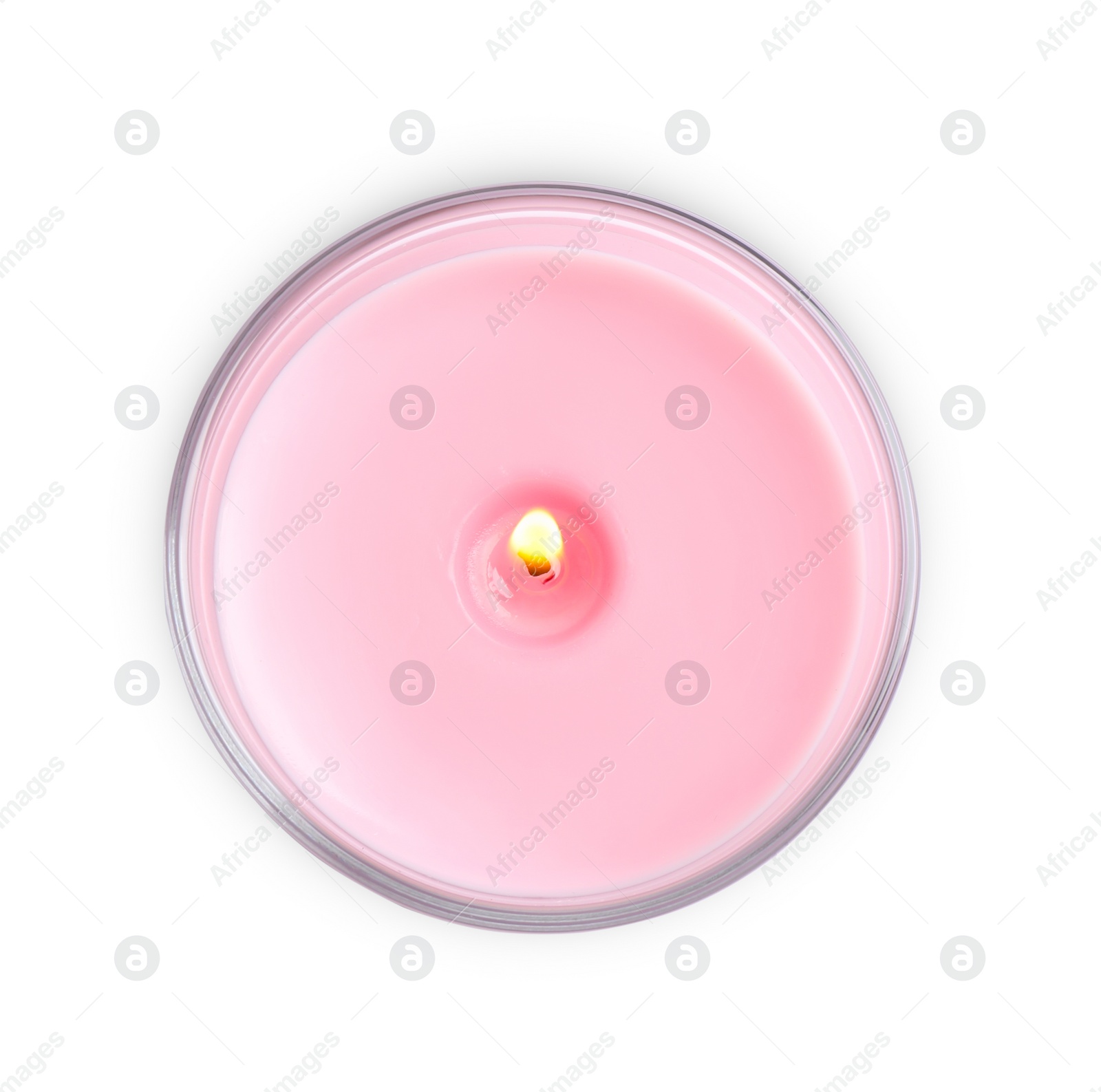 Photo of Burning candle in glass holder isolated on white, top view