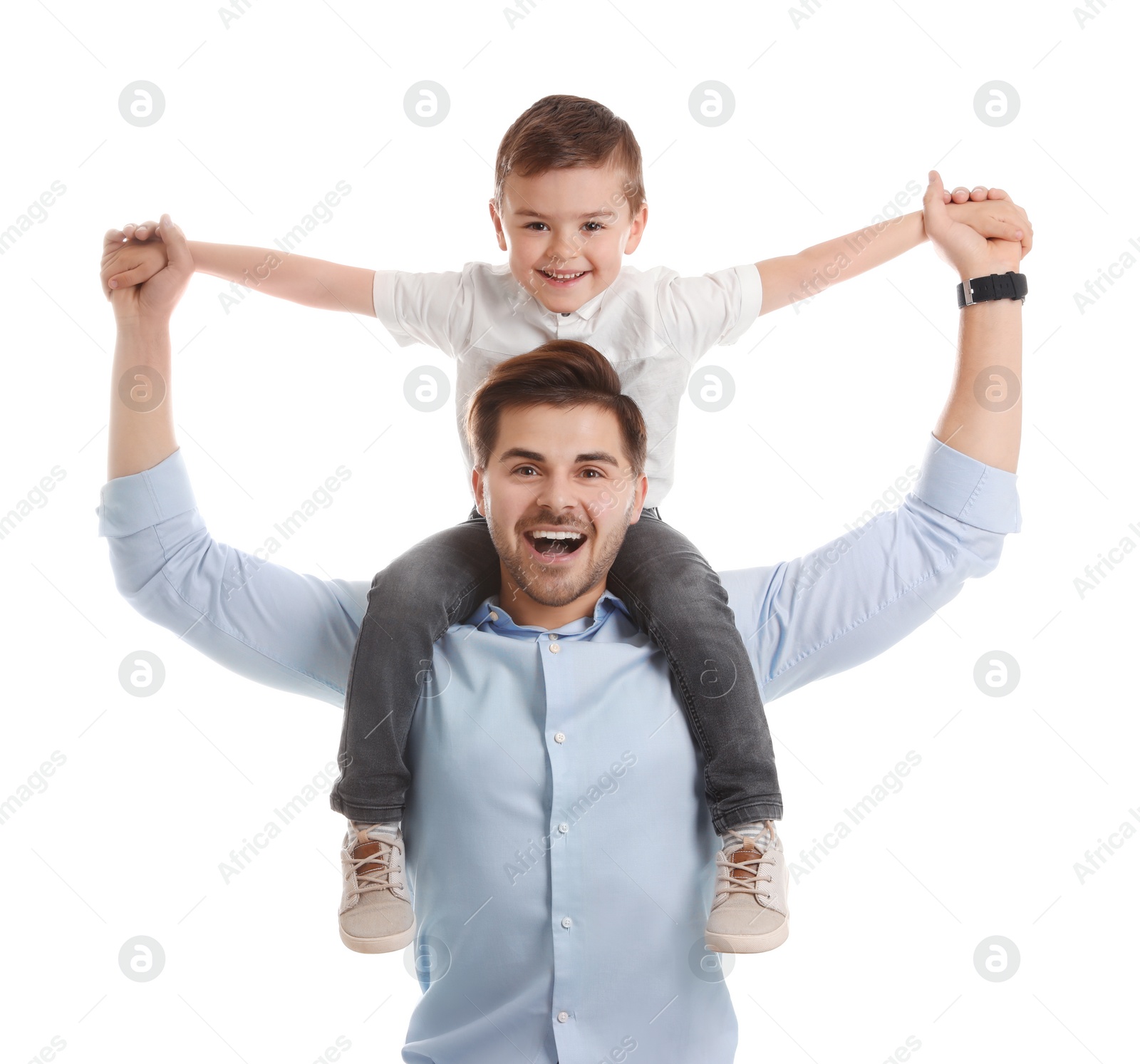 Photo of Portrait of dad playing with his son isolated on white