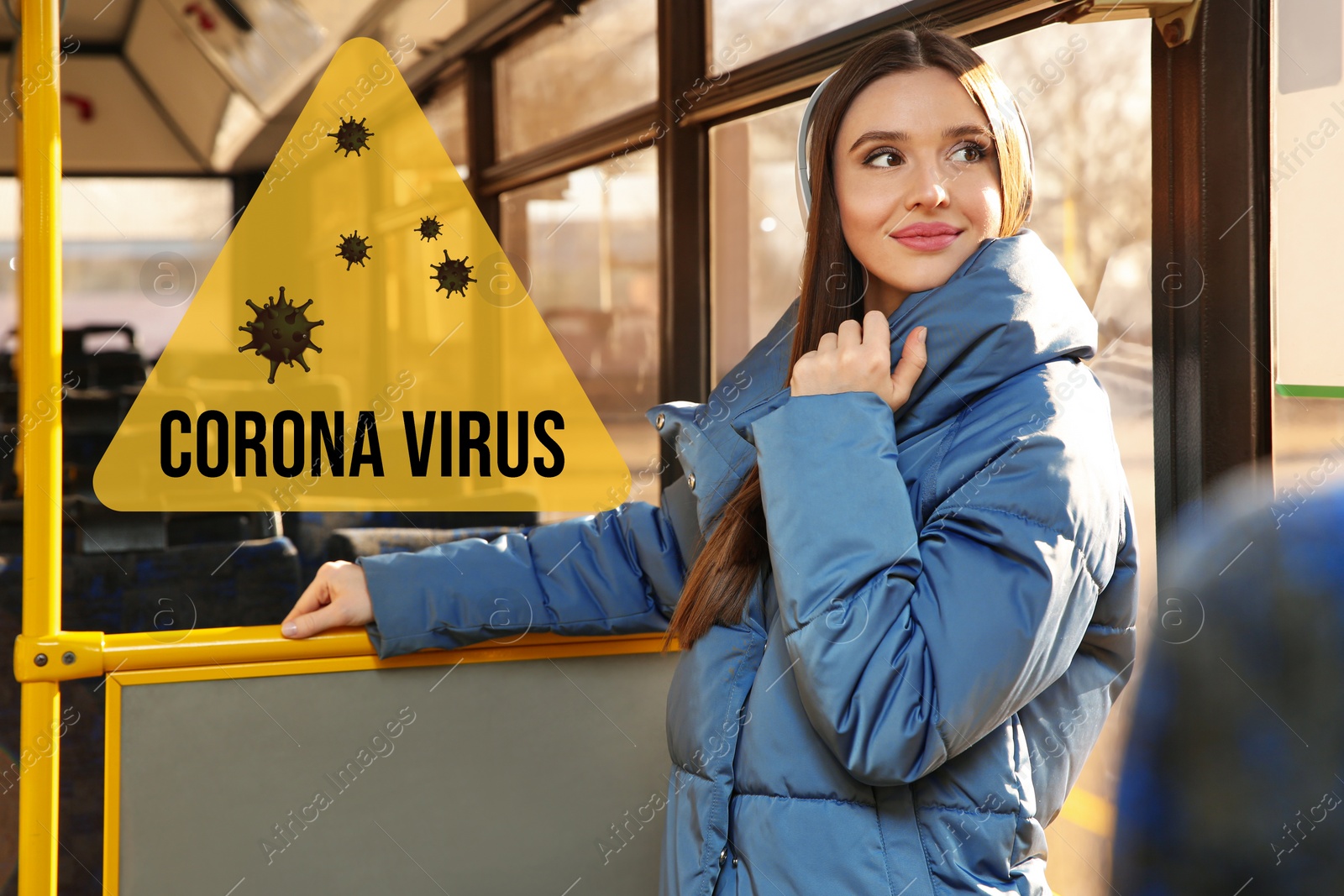 Image of Woman keeping distance in trolleybus. Coronavirus outbreak 