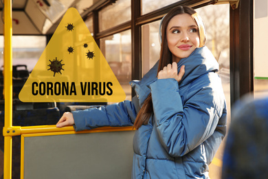 Image of Woman keeping distance in trolleybus. Coronavirus outbreak 