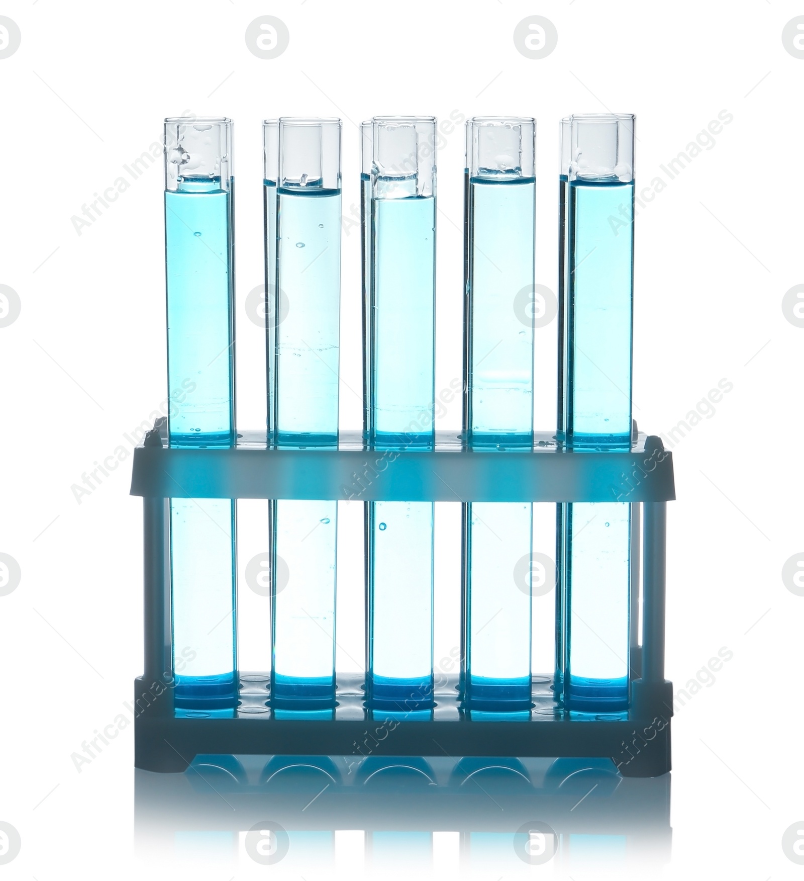 Photo of Test tubes with liquid in holder on table against white background. Laboratory analysis