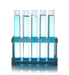 Photo of Test tubes with liquid in holder on table against white background. Laboratory analysis