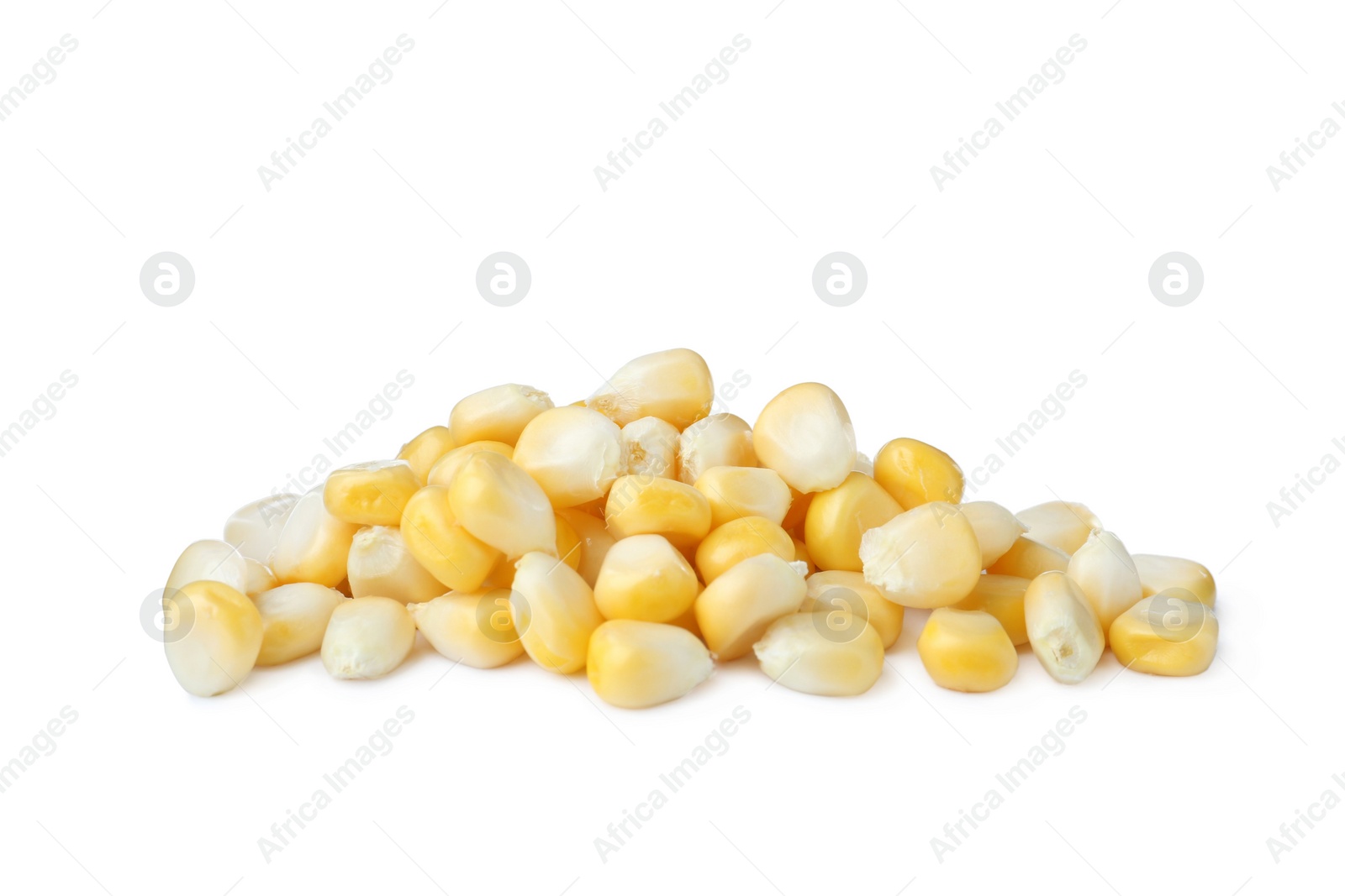 Photo of Pile of tasty fresh corn kernels on white background