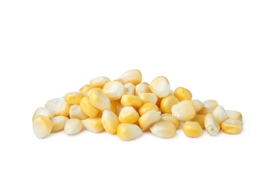 Pile of tasty fresh corn kernels on white background