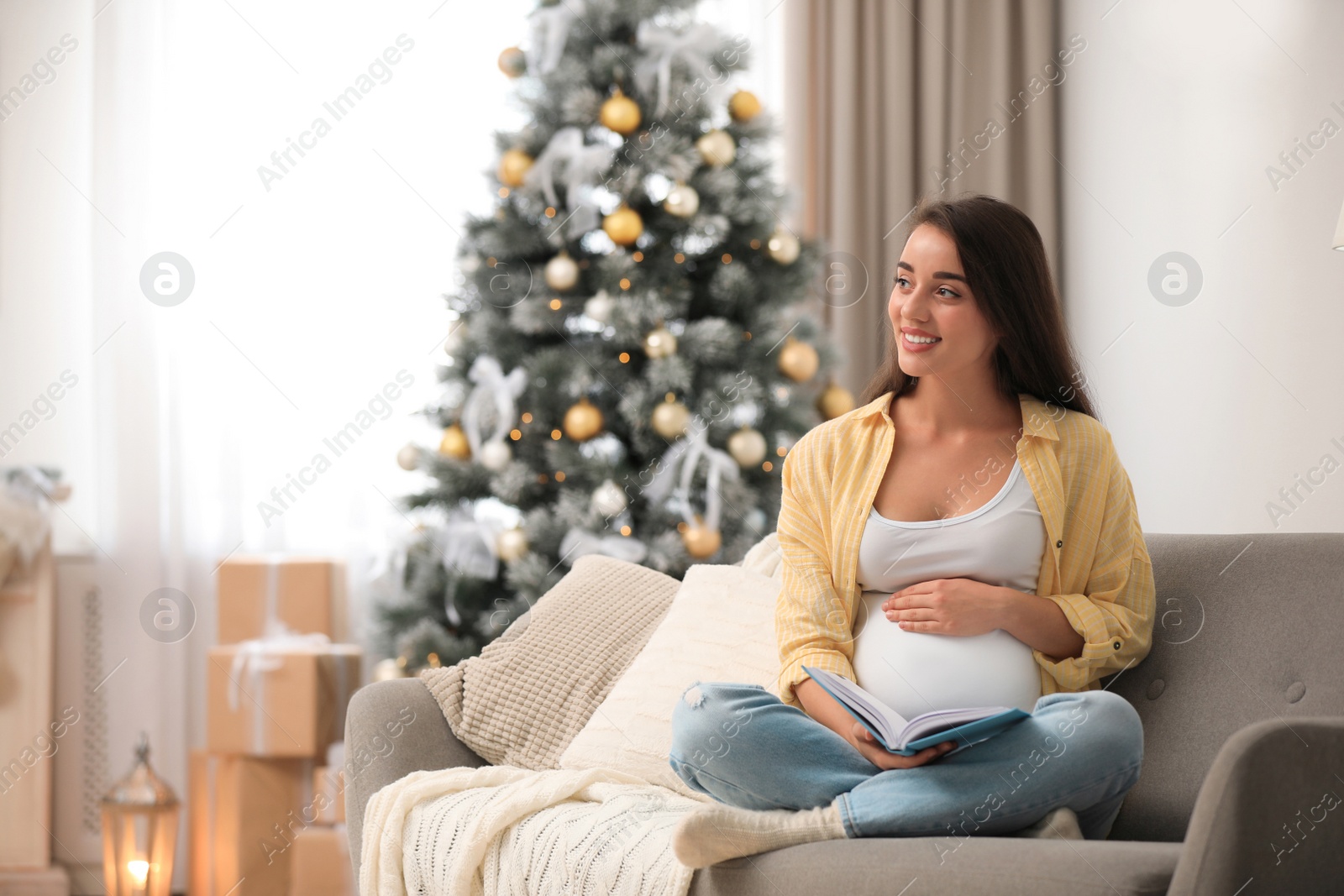 Photo of Happy pregnant woman with book in living room decorated for Christmas. Expecting baby