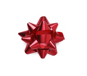 Photo of Red gift bow isolated on white, top view. Festive decor