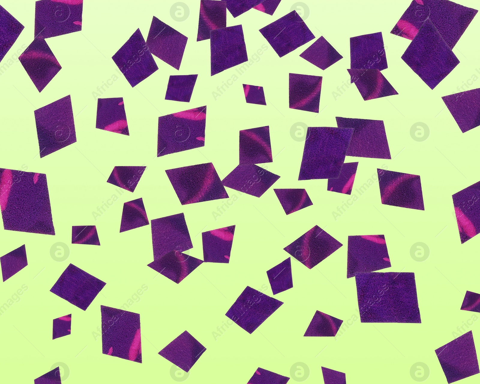 Image of Shiny purple confetti falling on gradient light green background