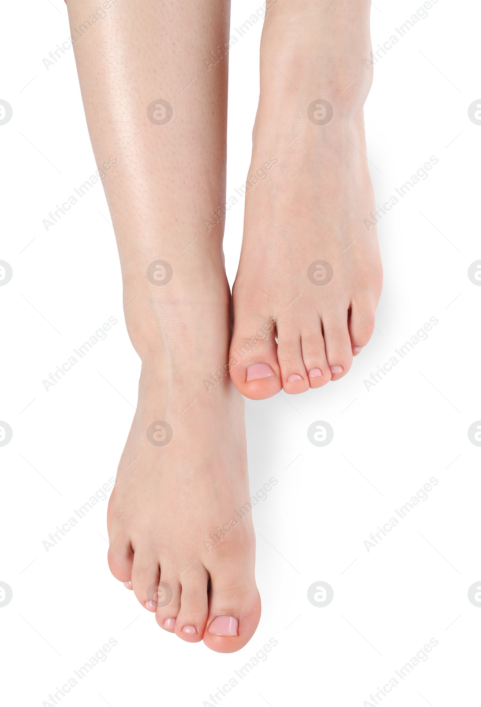 Photo of Woman with neat toenails after pedicure procedure isolated on white, closeup