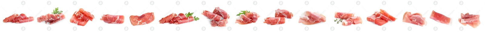 Image of Set of delicious sliced jamon on white background. Banner design 