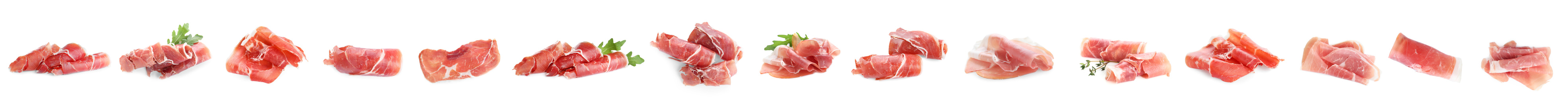 Image of Set of delicious sliced jamon on white background. Banner design 