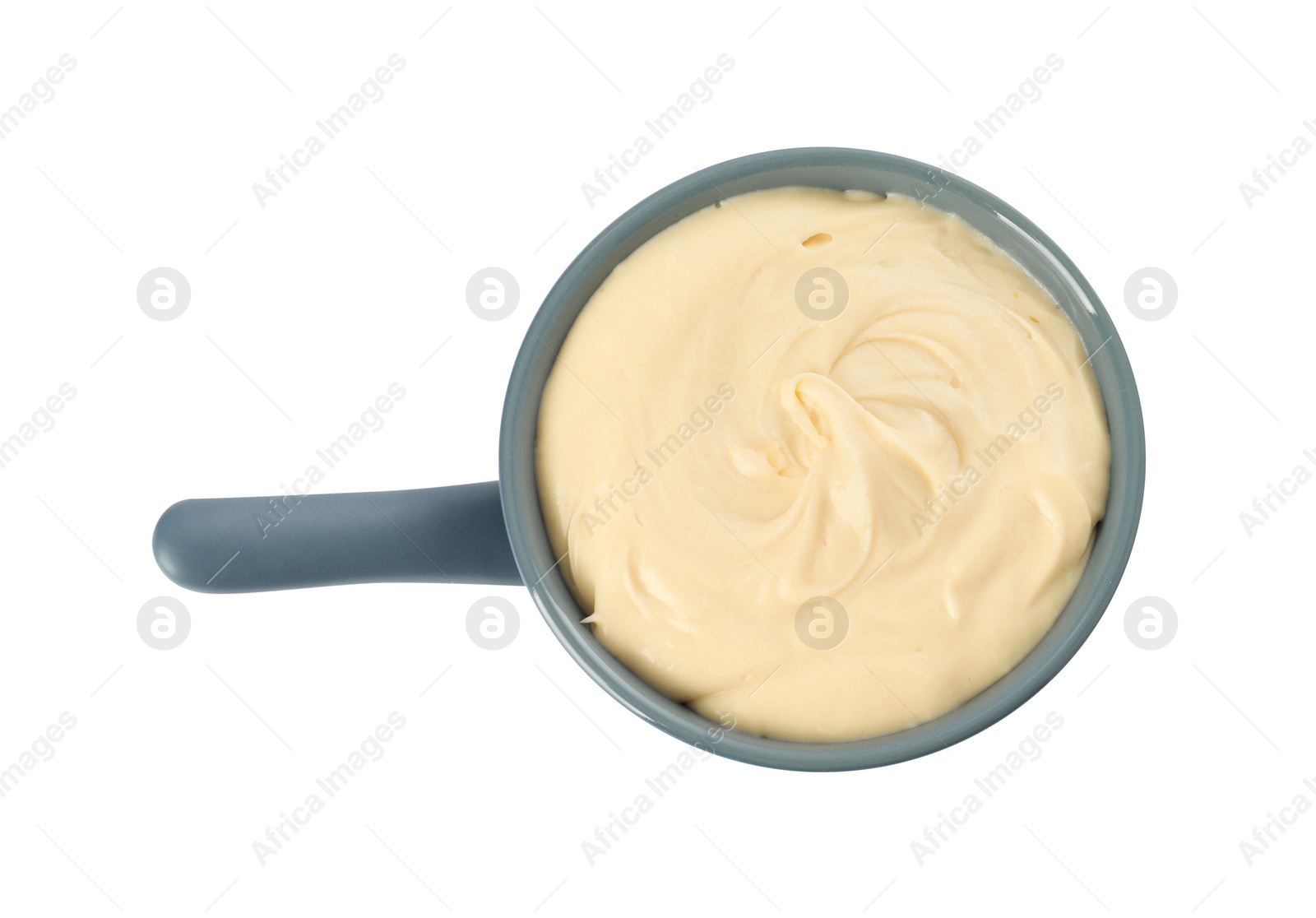 Photo of Fondue with tasty melted cheese isolated on white, top view