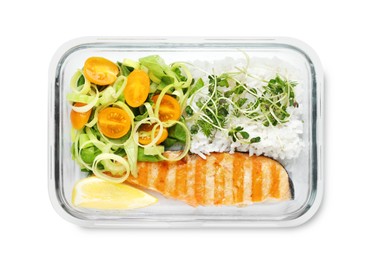 Healthy meal. Grilled salmon, rice and salad in container isolated on white, top view