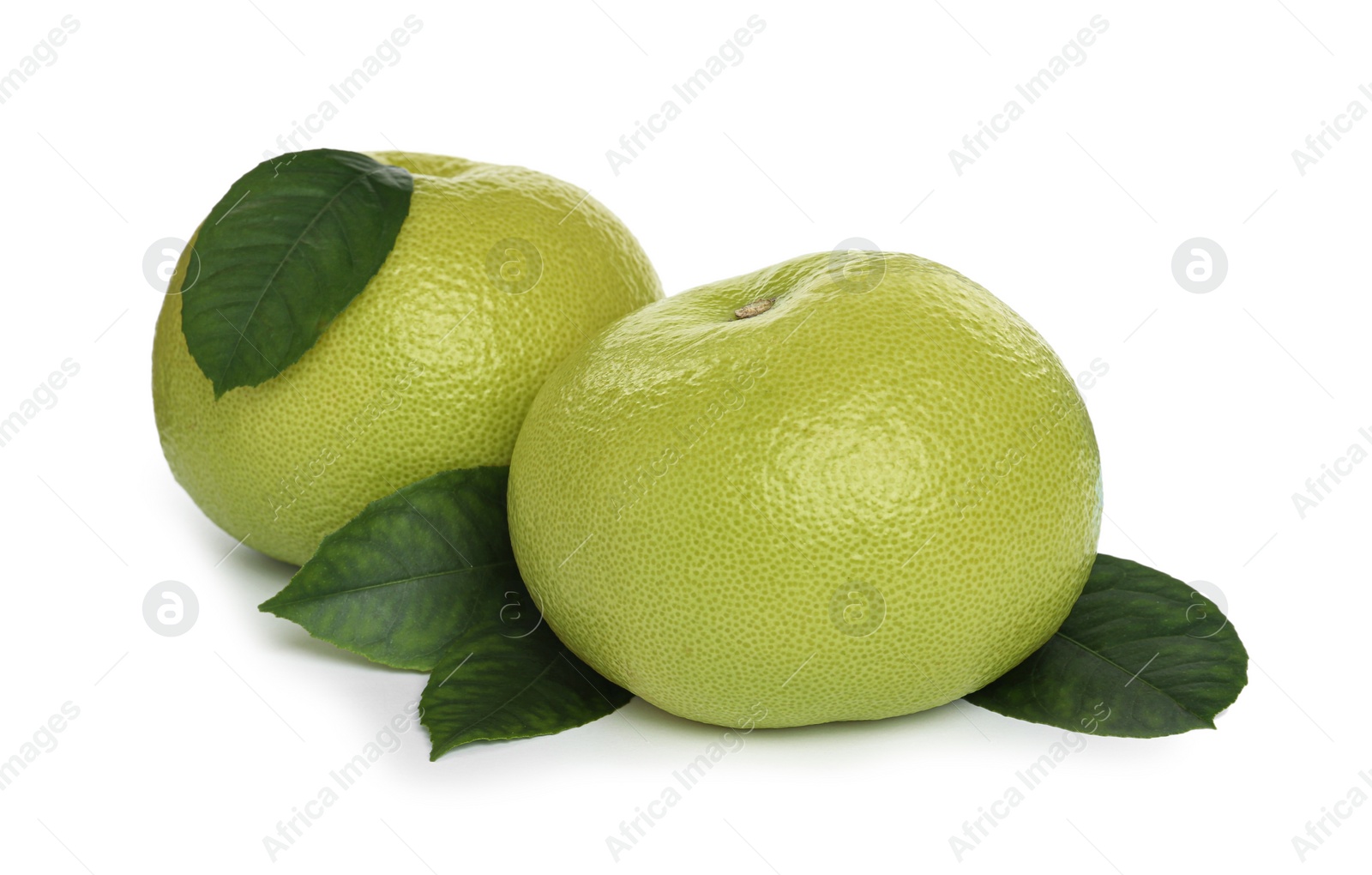 Photo of Fresh ripe sweetie fruits with green leaves on white background