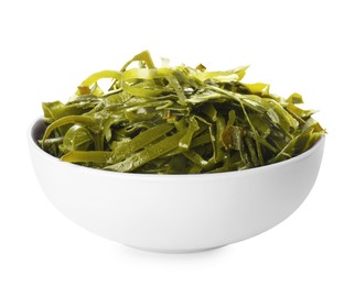 Fresh laminaria (kelp) seaweed in bowl isolated on white