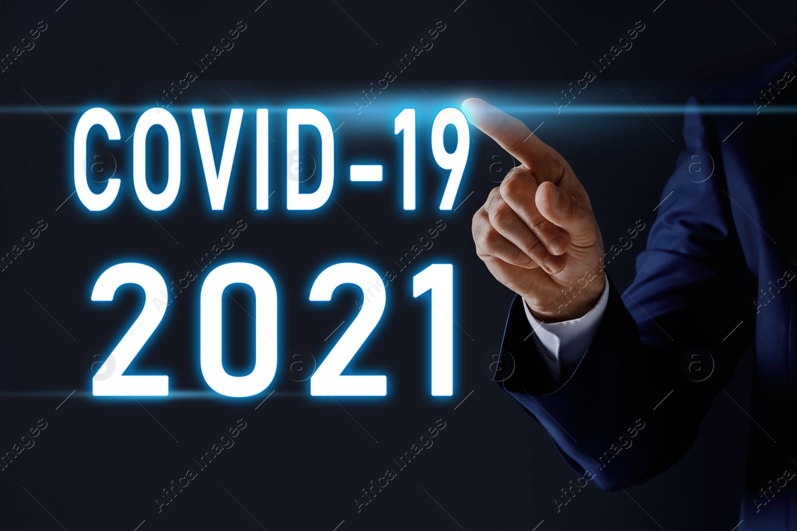 Image of COVID-19 predictions for 2021 year. Man and text on dark background, closeup