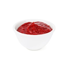 Organic ketchup in bowl isolated on white. Tomato sauce