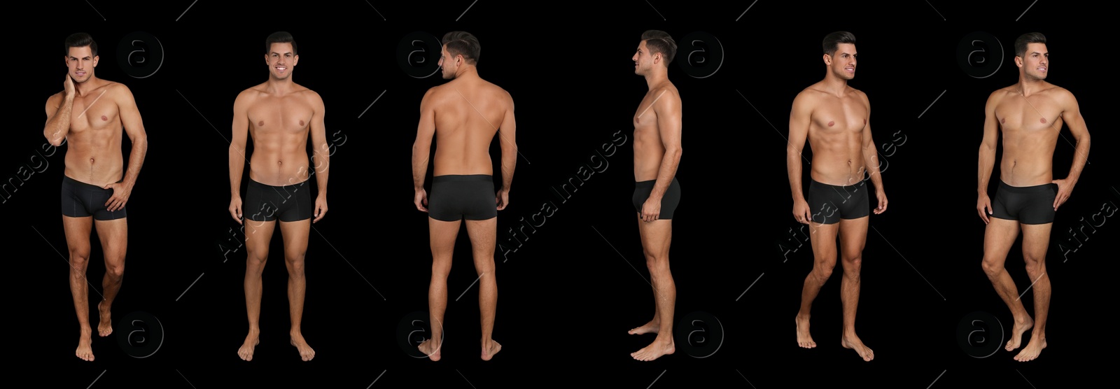 Image of Collage of man in underwear on black background. Banner design 