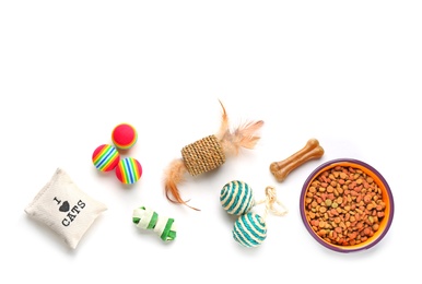 Photo of Flat lay composition with cat accessories and food on white background