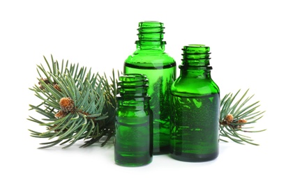 Different little bottles with essential oils and pine branches on white background