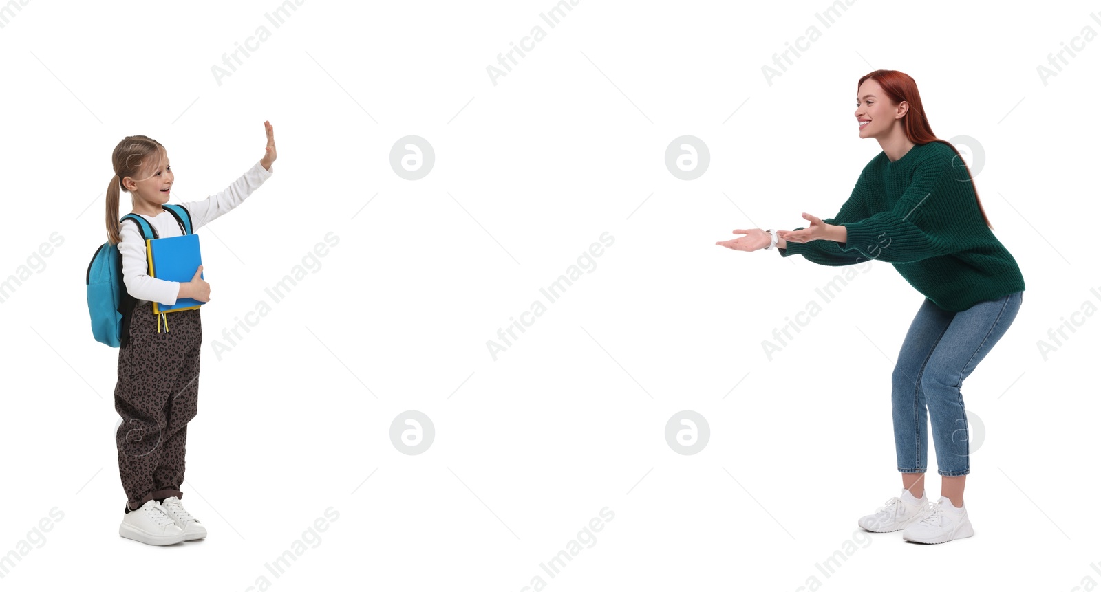 Image of Mother meeting her daughter after school on white background