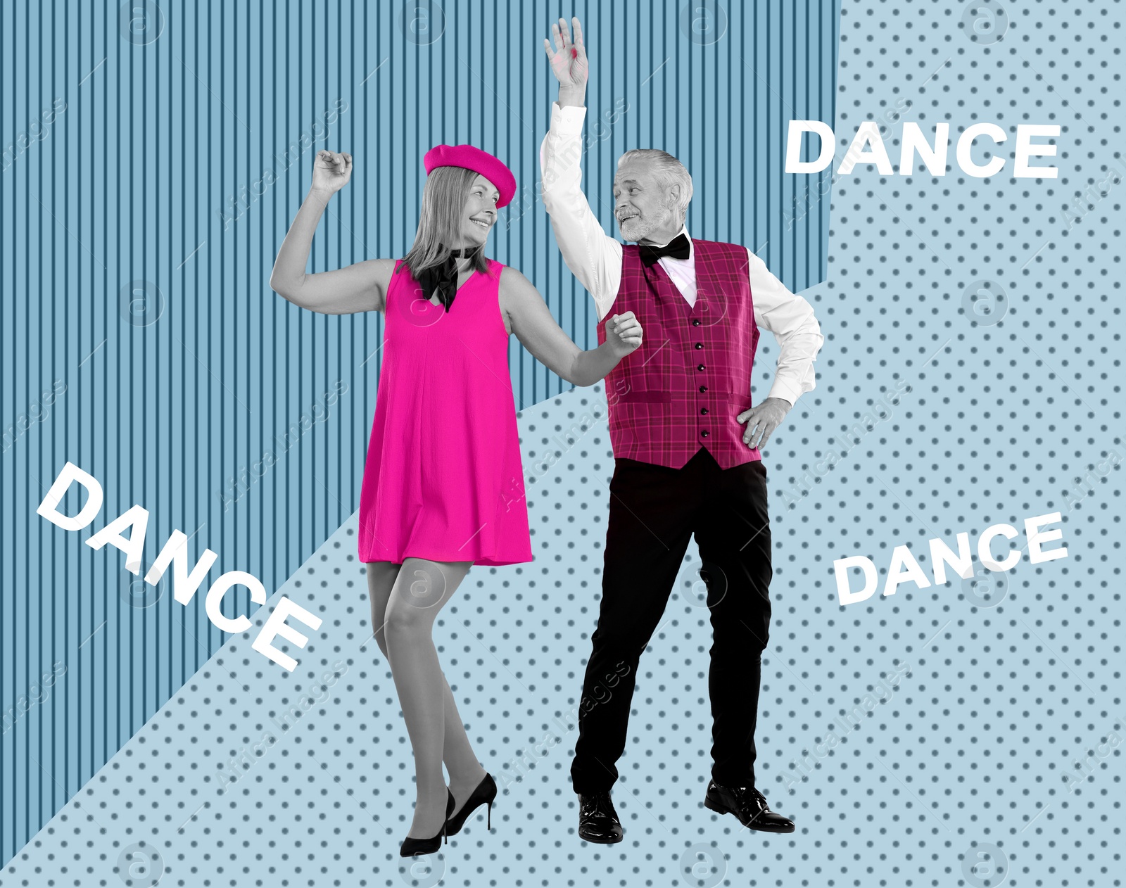 Image of Happy couple dancing on bright background. Creative collage with stylish mature man and woman. Concept of music, energy, party, fashion, lifestyle