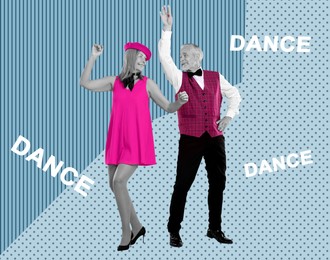 Happy couple dancing on bright background. Creative collage with stylish mature man and woman. Concept of music, energy, party, fashion, lifestyle