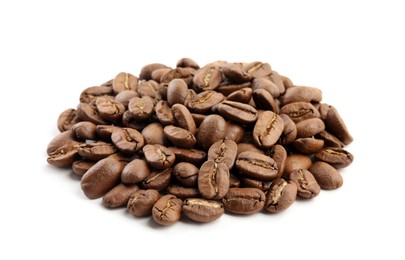 Photo of Heap of roasted coffee beans isolated on white