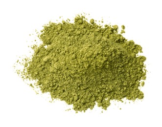 Photo of Heap of henna powder isolated on white, top view