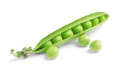 Delicious fresh green peas on white background