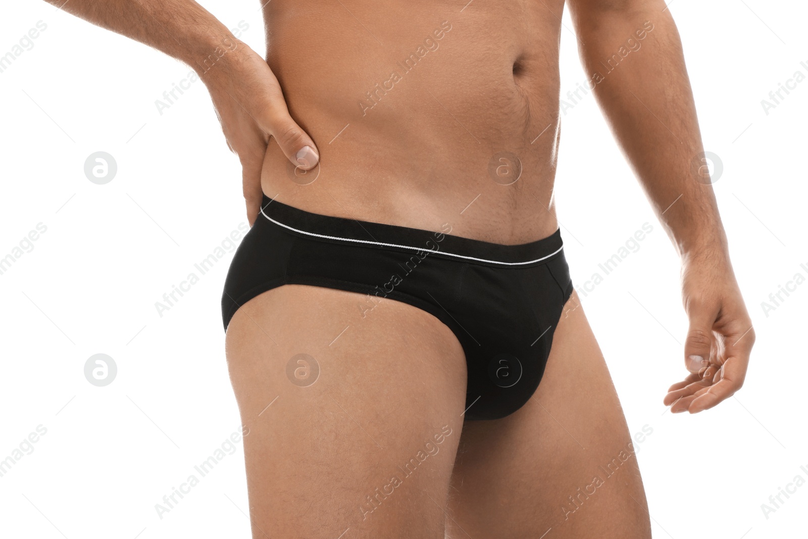 Photo of Man in black underwear on white background, closeup