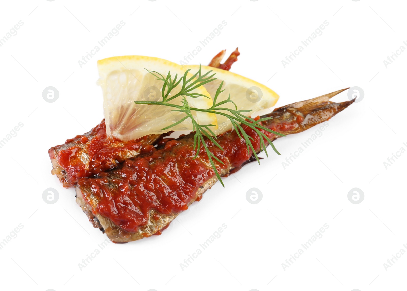 Photo of Tasty canned sprats with tomato sauce, lemon and dill isolated on white