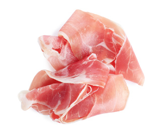 Photo of Tasty prosciutto on white background, top view