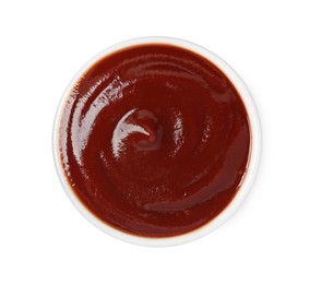 Tasty barbecue sauce in bowl isolated on white, top view