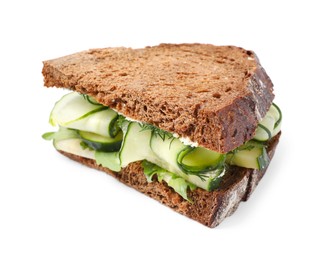 Tasty sandwich with cream cheese, cucumber and greens on white background