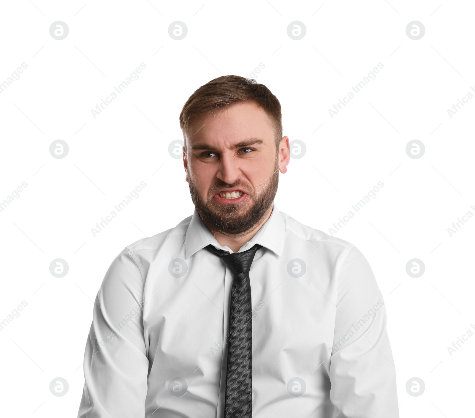 Photo of Portrait of emotional businessman on white background. Personality concept