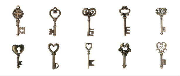 Set of different ornate keys on white background. Banner design