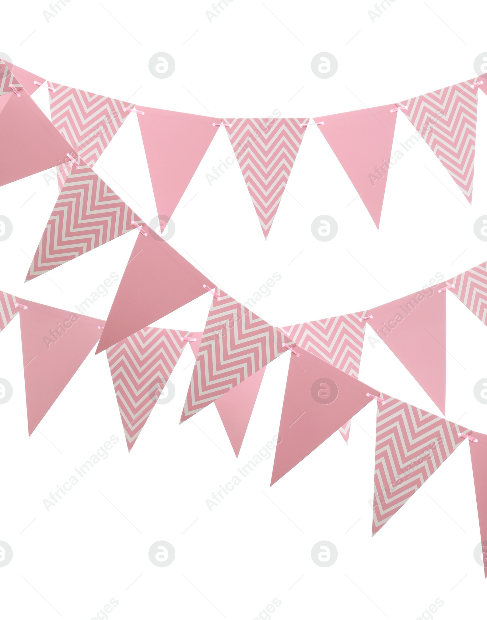 Photo of Rows of triangular bunting flags on white background. Festive decor