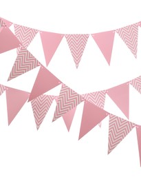 Photo of Rows of triangular bunting flags on white background. Festive decor