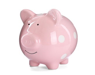 Pink piggy bank on white background. Money saving