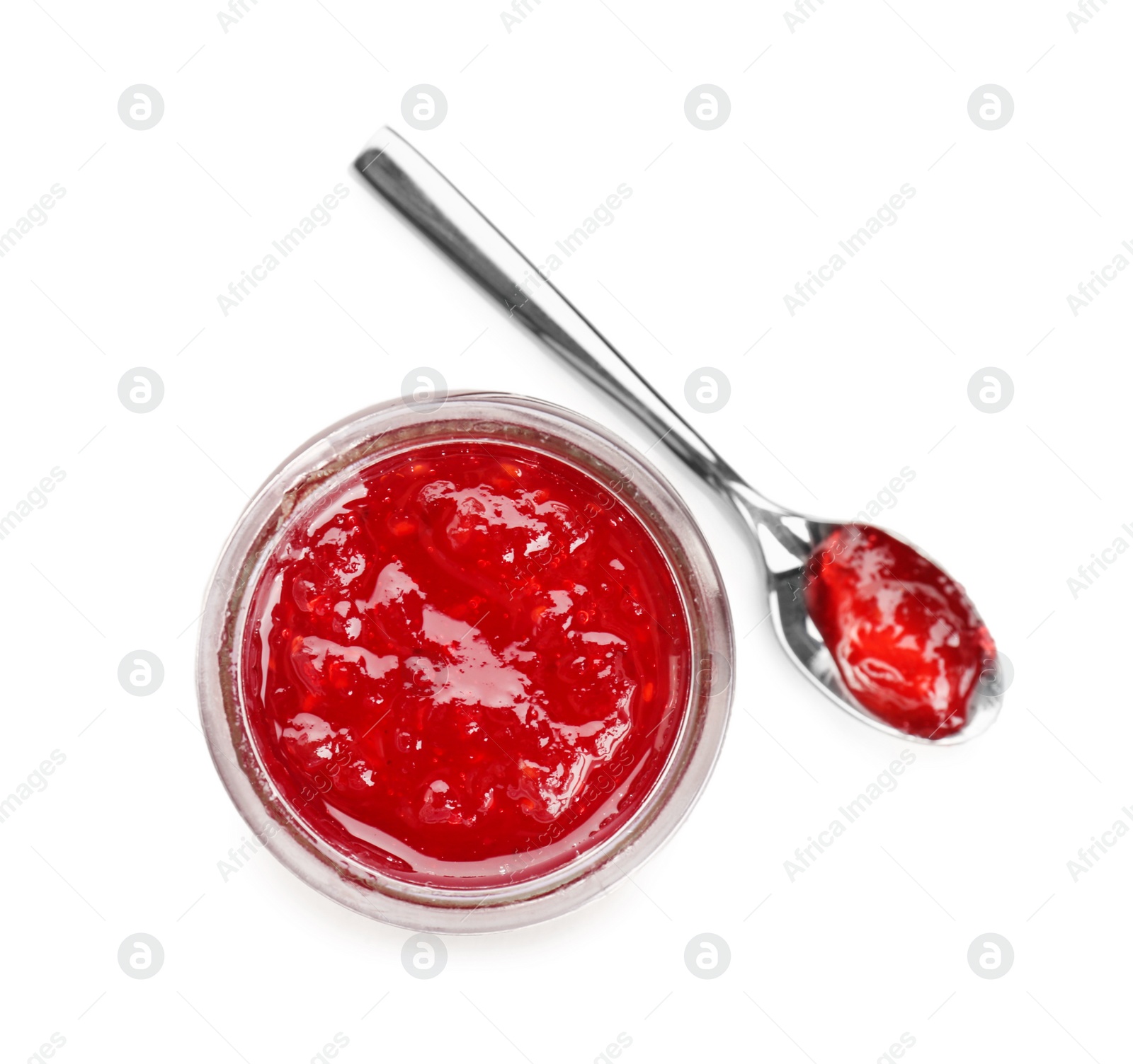 Photo of Jar with sweet jam on white background