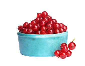 Photo of Tasty ripe red currants in bowl isolated on white