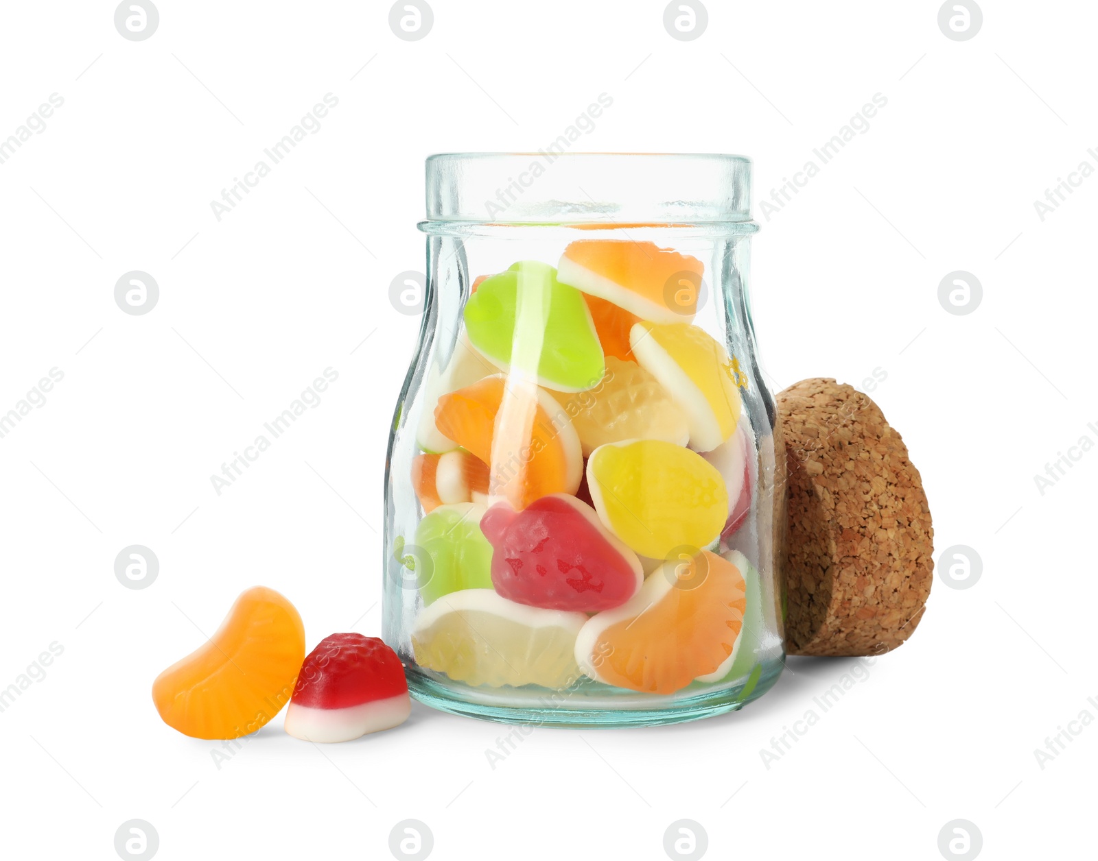 Photo of Delicious gummy fruit shaped candies in jar isolated on white