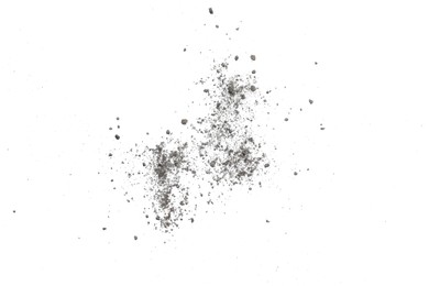 Photo of Pile of black dust scattered on white background, top view