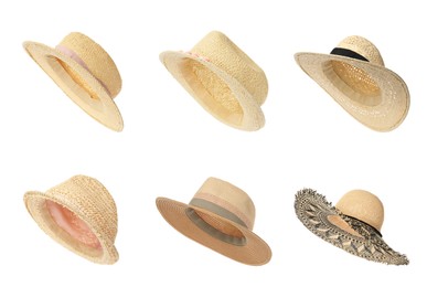 Image of Set with different straw hats on white background. Stylish headdress