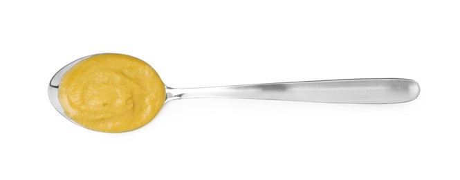 Tasty mustard sauce in spoon isolated on white, top view