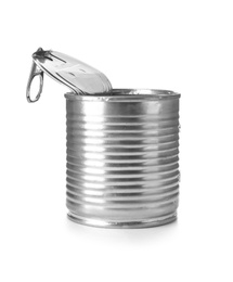 Open aluminum food can on white background. Metal waste recycling