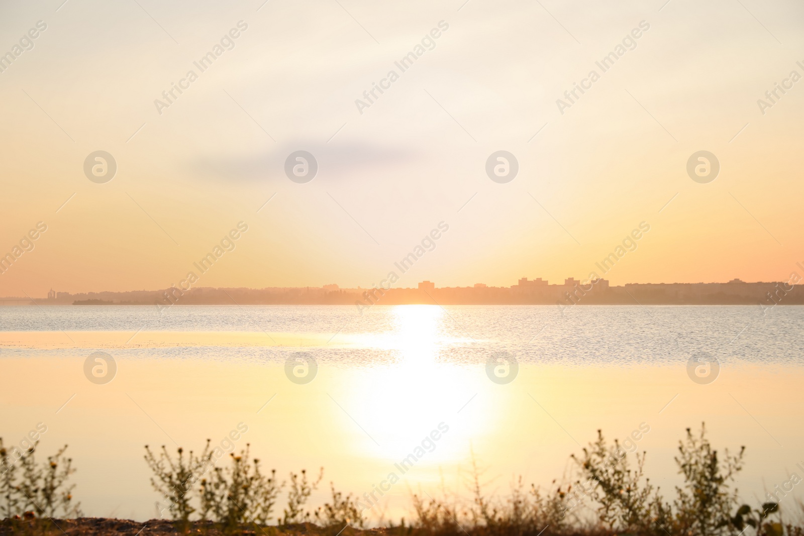 Photo of Picturesque view of beautiful sunrise on riverside. Morning sky