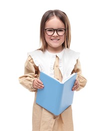 Photo of Cute little girl in glasses with open book on white background