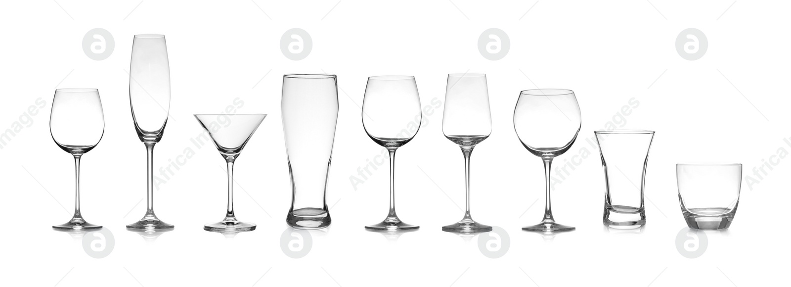 Image of Set of different empty glasses on white background. Banner design